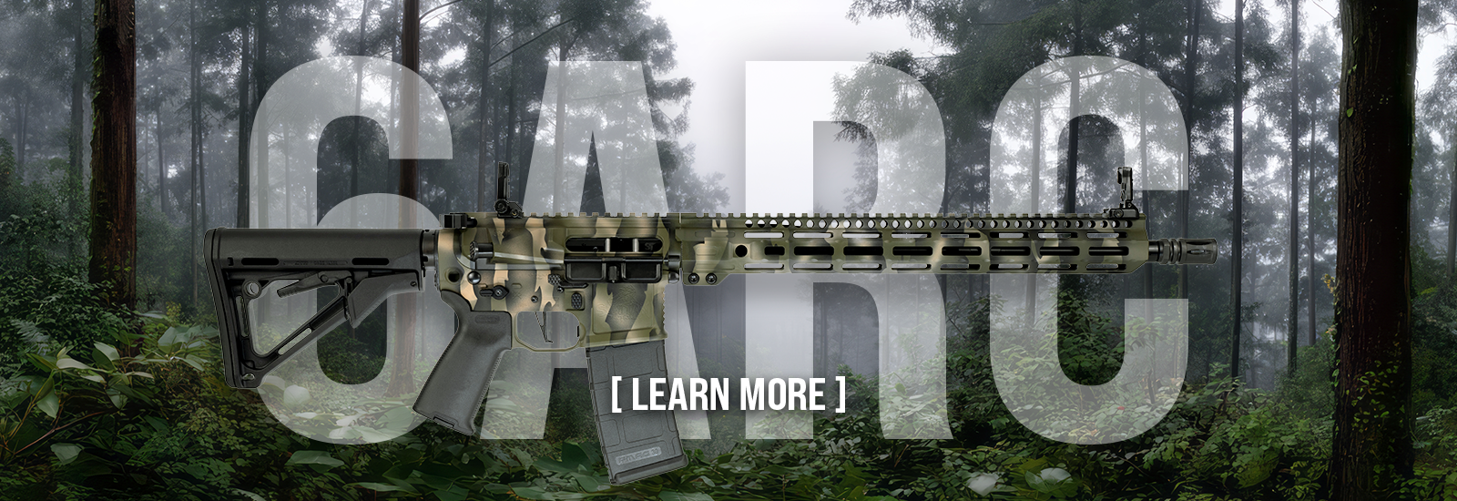Camouflage AR-style rifle displayed across a misty forest background with a prominent 'Learn More' overlay text.
