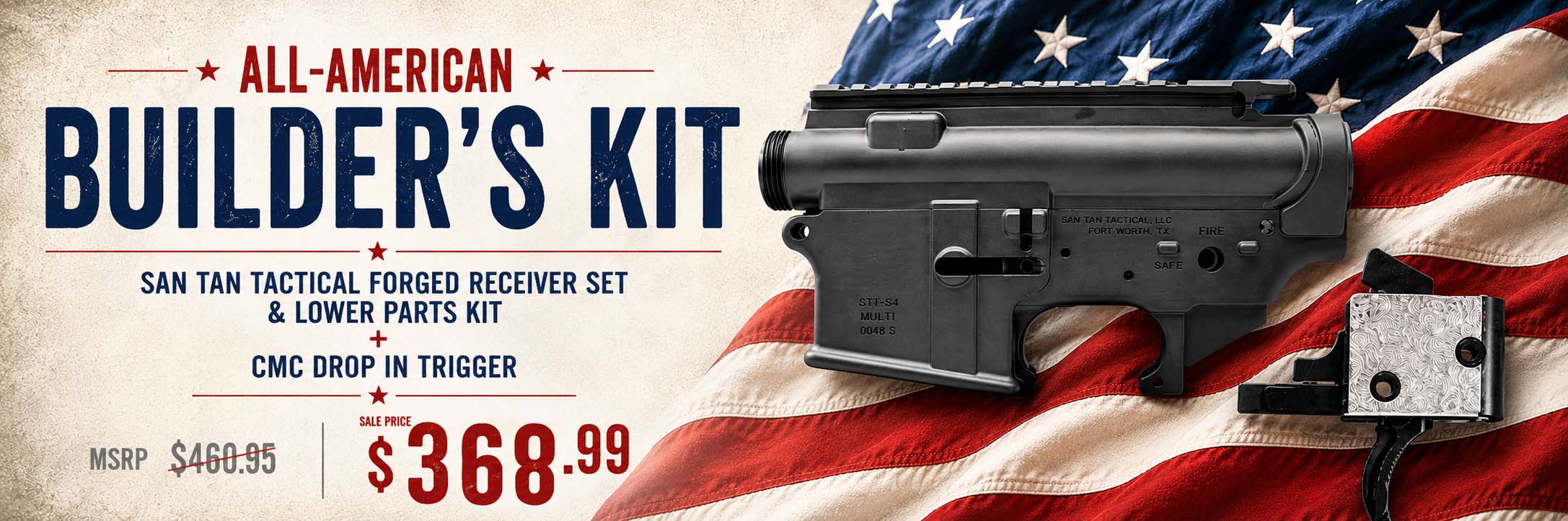 All-American Builder's Kit advertisement featuring a rifle receiver set over an American flag with a sale price of 8.99 and MSRP crossed out