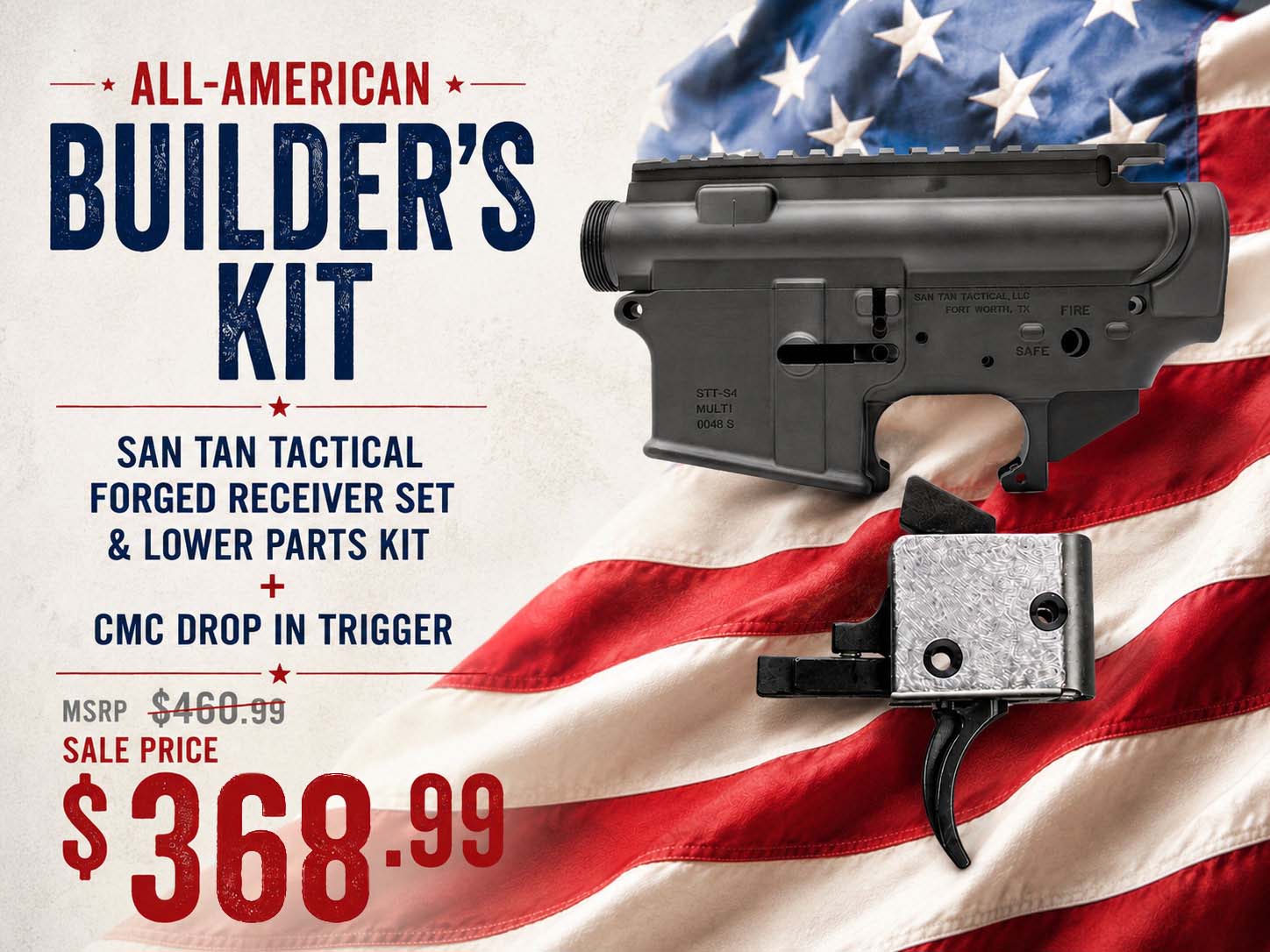 Promotional banner for 'All-American Builder's Kit' showing handgun receiver parts on an American flag, price 8.99.