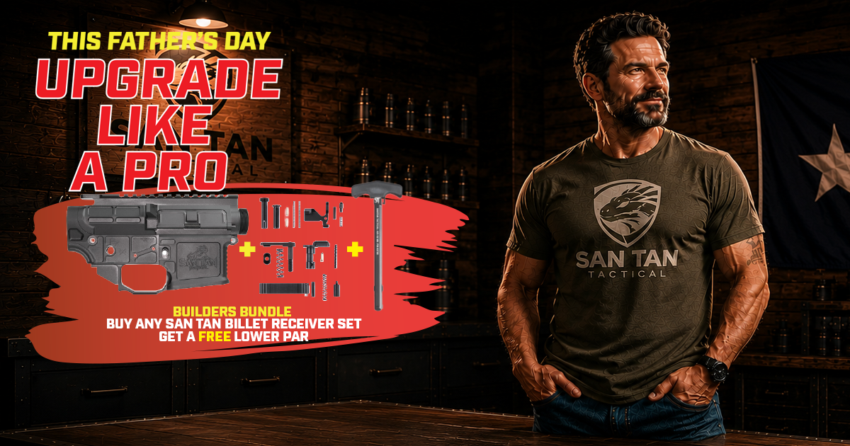 Promotional banner for Father's Day: 'Upgrade Like a Pro' with rifle parts and a man in a San Tan Tactical shirt in a workshop, advertising a builders bundle.