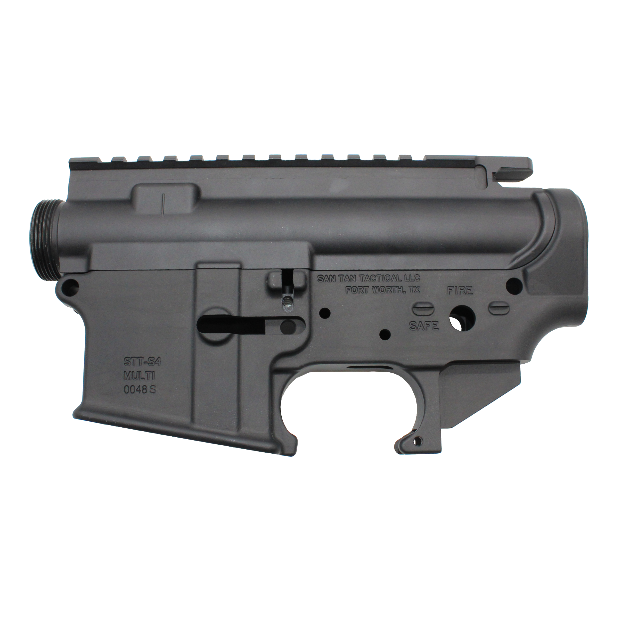 Close-up of a black firearm upper receiver with a Picatinny rail and partial markings visible on the side.