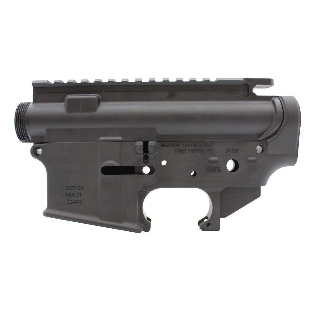 Close-up of a black rifle upper receiver with a Picatinny rail on top and visible branding on the side (San Tan Tactical).