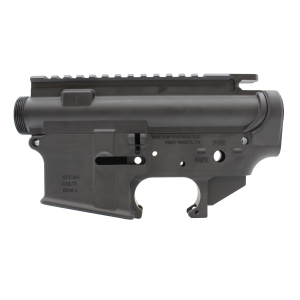 Close-up of a black rifle upper receiver with a Picatinny rail on top and visible branding on the side (San Tan Tactical).