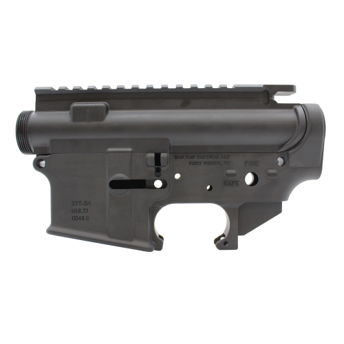 Close-up of a black rifle upper receiver with a Picatinny rail on top and visible branding on the side (San Tan Tactical).