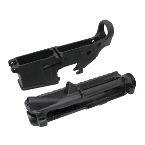 Partial view of a black AR-style firearm lower receiver with rail sections and circular ejection/receiving area, shown disassembled.