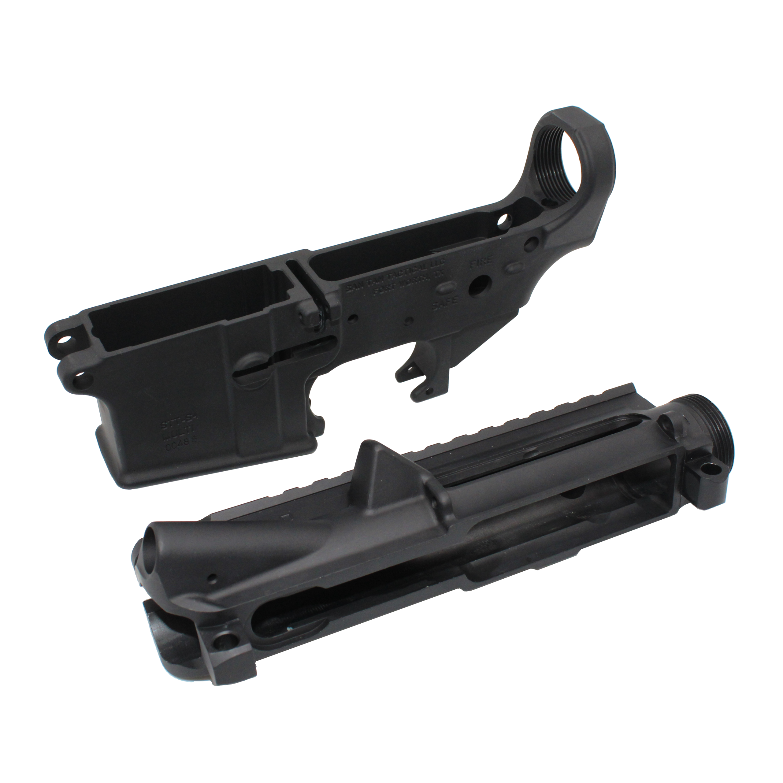 Partial view of a black AR-style firearm lower receiver with rail sections and circular ejection/receiving area, shown disassembled.