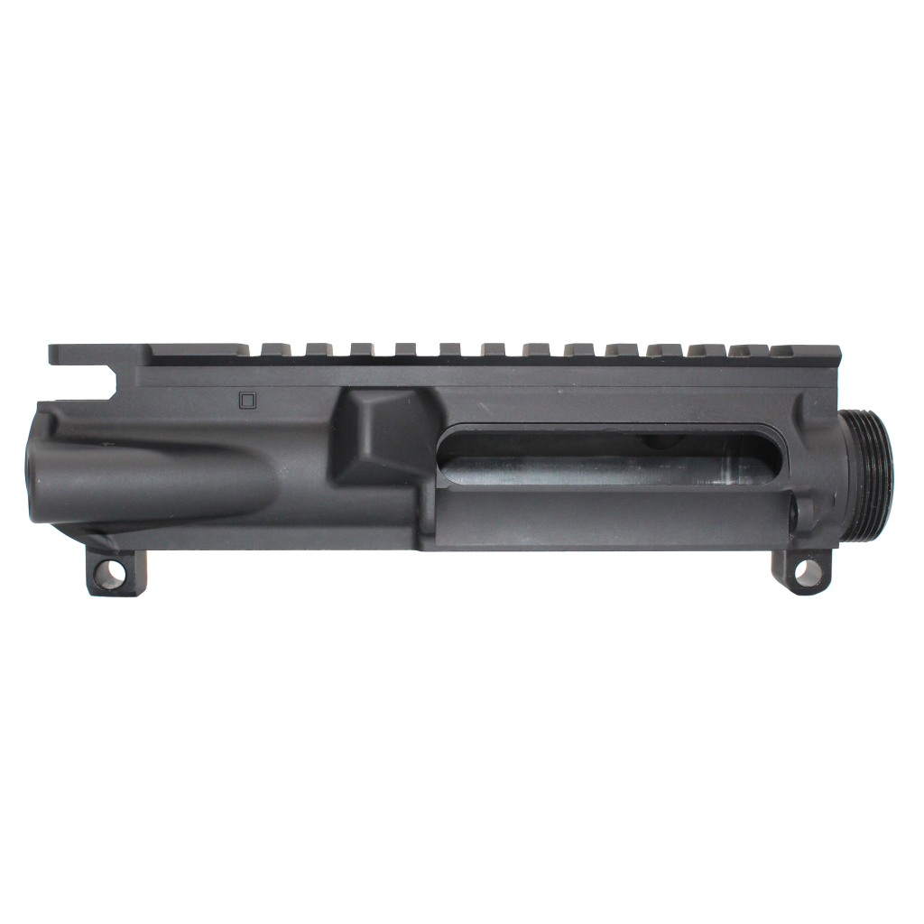 Close-up of a black firearm's upper receiver with a long Picatinny rail along the top edge.