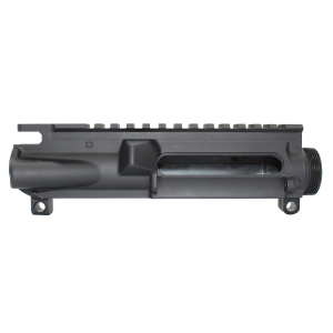Close-up of a black firearm's upper receiver with a long Picatinny rail along the top edge.