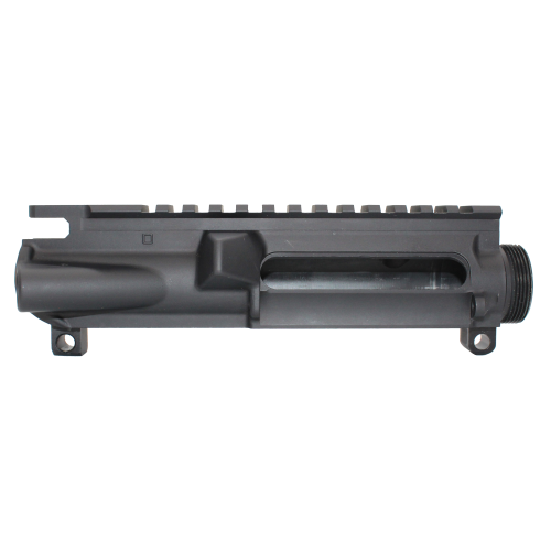 STT-Forged-Upper2 | San Tan Tactical Close-up of a black firearm's upper receiver with a long Picatinny rail along the top edge.