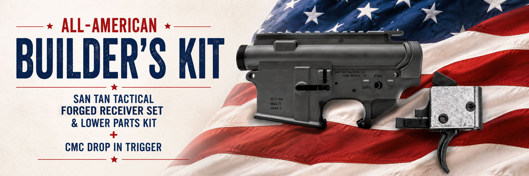 SanTanbundlebanner All-American Builder's Kit advertisement with a rifle receiver and American flag backdrop.
