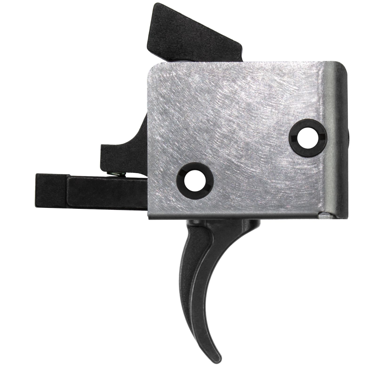 Single-curved Close-up of a silver metal bike brake lever housing with a black trigger lever and mounting pieces.