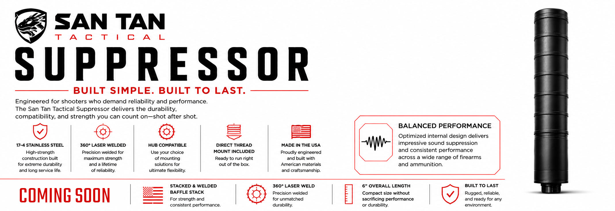 Promotional banner for San Tan Tactical Suppressor: large 'SUPPRESSOR' text, red slogan 'BUILT SIMPLE. BUILT TO LAST.', and a tall black suppressor on the right; 'COMING SOON' at bottom.