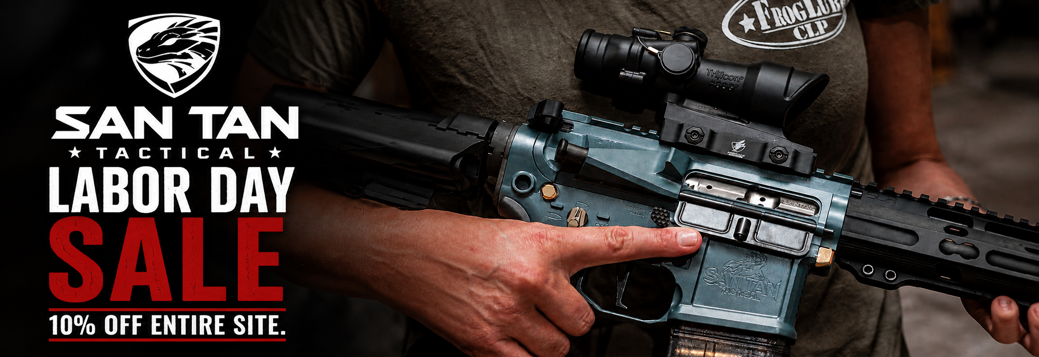 Banner ad for San Tan Tactical Labor Day Sale featuring a rifle and scope, with 10% off entire site.