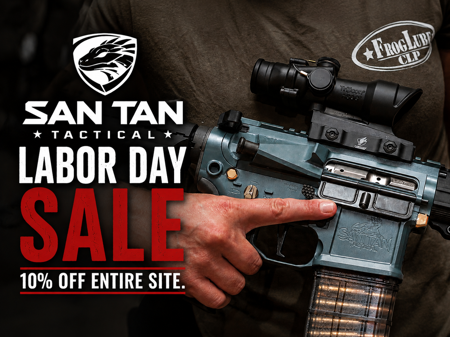Advertisement for San Tan Tactical Labor Day Sale: features a rifle with scope and large red 'SALE' text plus 10% off banner